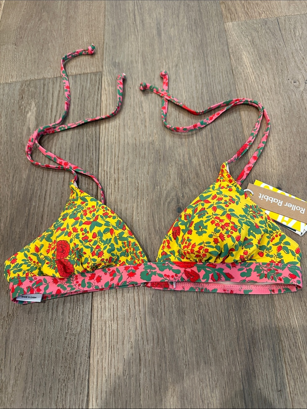 Roller Rabbit Yellow Floral Bikini Triangle Top with Pink Trim